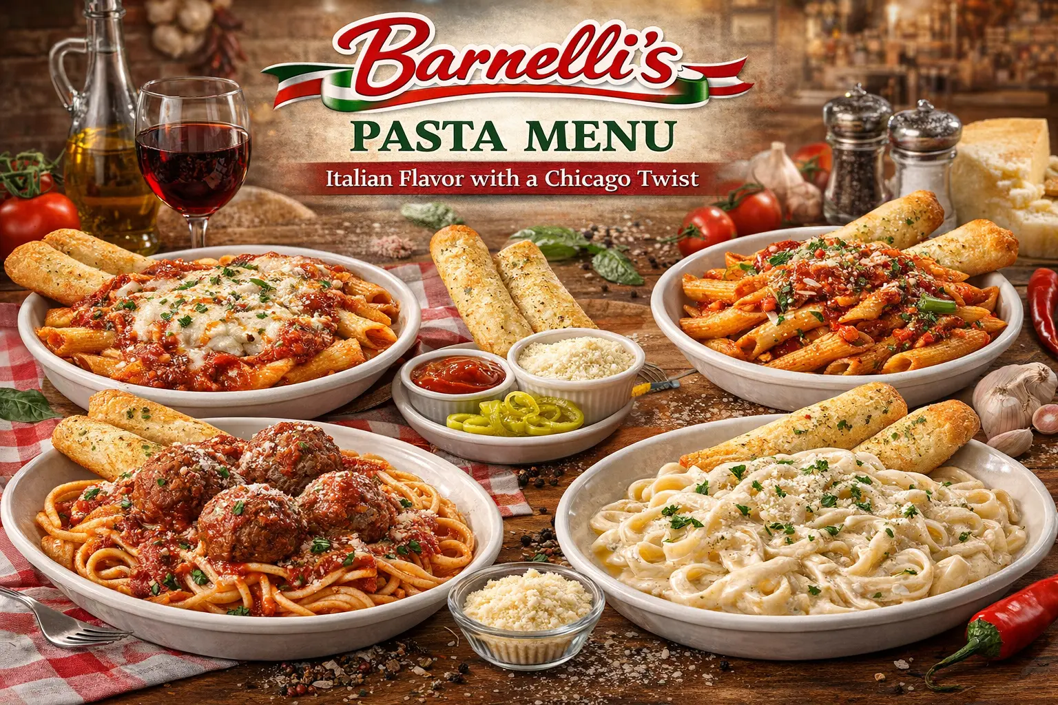 Barnelli’s pasta dishes including spaghetti with meatballs, fettuccine Alfredo, penne arrabbiata, and garlic breadsticks in a rustic Italian-style setting.