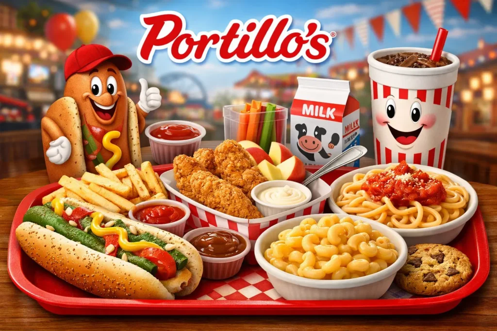 Colorful Portillo’s kids meal featuring hot dog, chicken tenders, mac and cheese, spaghetti, fries, milk, and a fun drink in a playful setting.