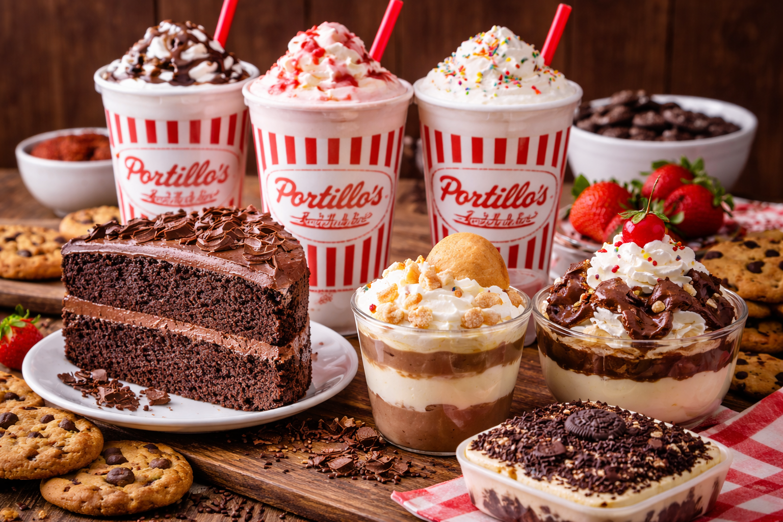Portillo’s menu desserts and shakes with chocolate cake, creamy milkshakes and sweet treats
