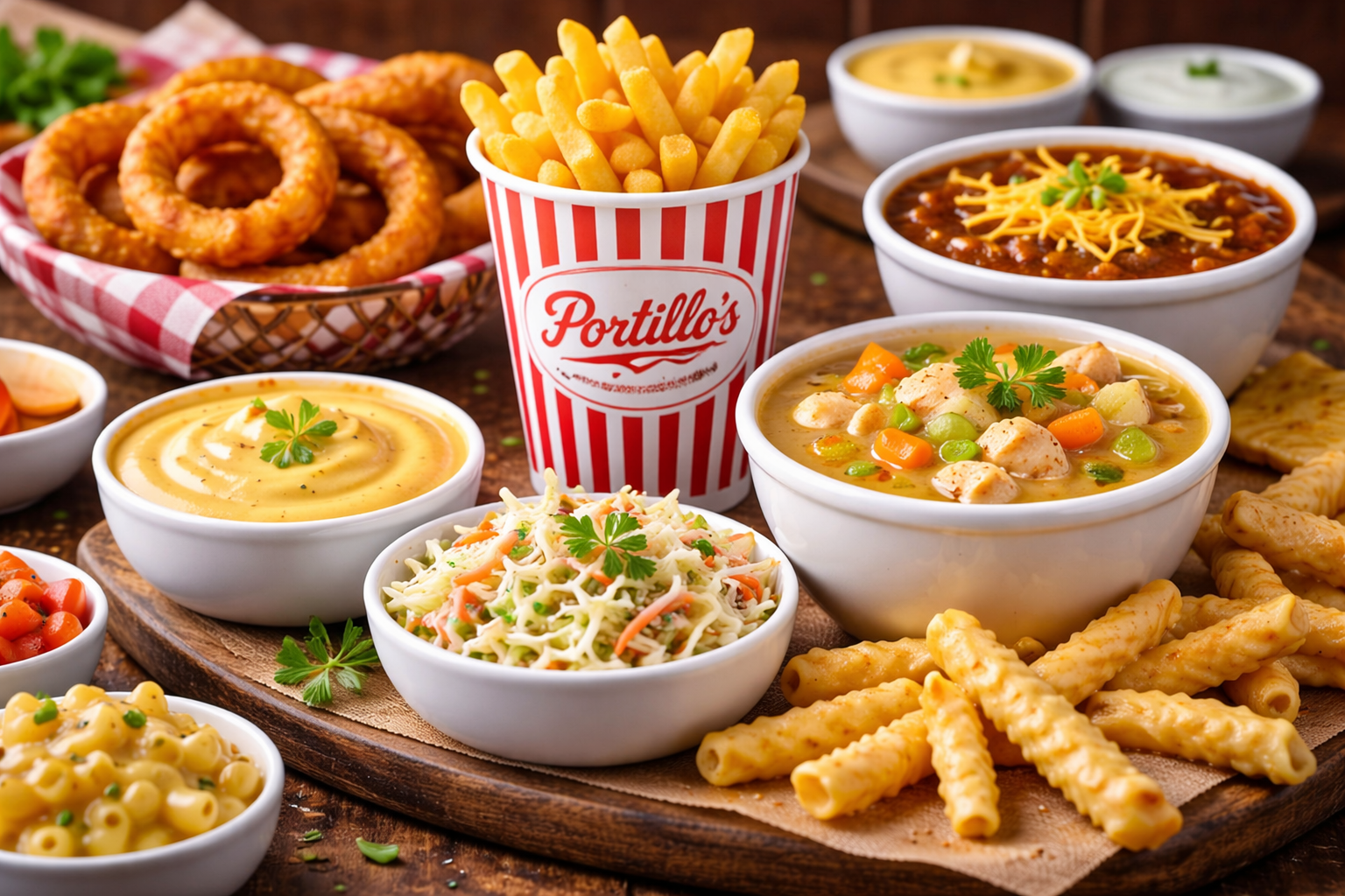 Portillo’s menu sides and soups with fries, onion rings, coleslaw and chili bowls