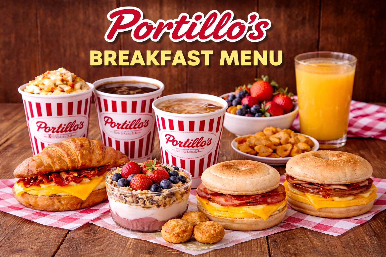 Portillo’s breakfast menu with egg sandwiches and croissants (6:30–10:30 AM)