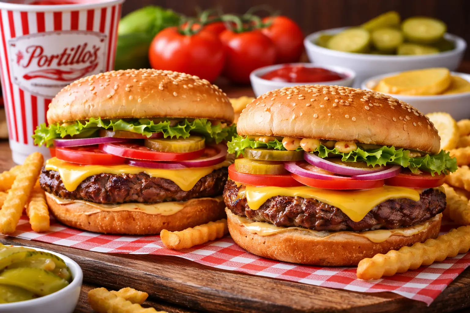 Portillo’s menu char-broiled cheeseburgers with fresh veggies and crinkle fries