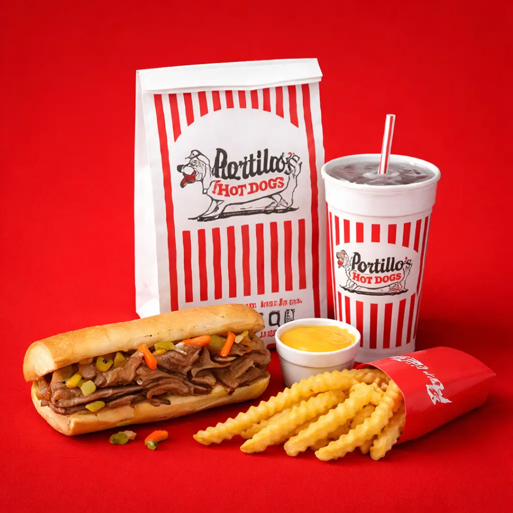 Portillo’s menu featuring Italian beef sandwich, crinkle-cut fries, cheese sauce, and soft drink on red background