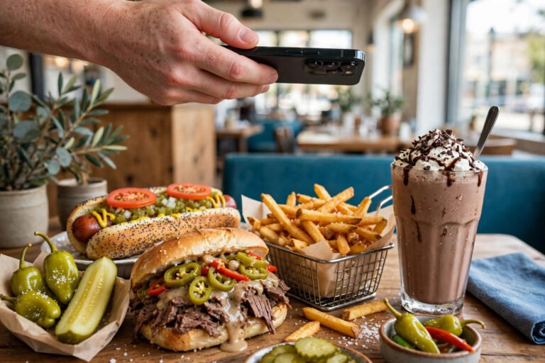 portillos app ordering guide with smartphone food order and hot dog meal