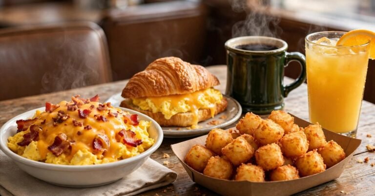 Portillos breakfast calories chart photo: egg scramble with cheddar and bacon, croissant breakfast sandwich, hash brown bites, black coffee and orange juice on a diner table