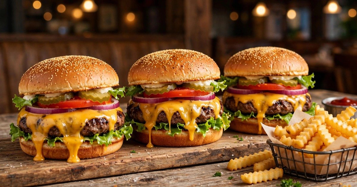 portillos burger price guide: juicy Portillo's-style cheeseburgers with melted cheese, fresh toppings, and crinkle-cut fries on a rustic wooden table