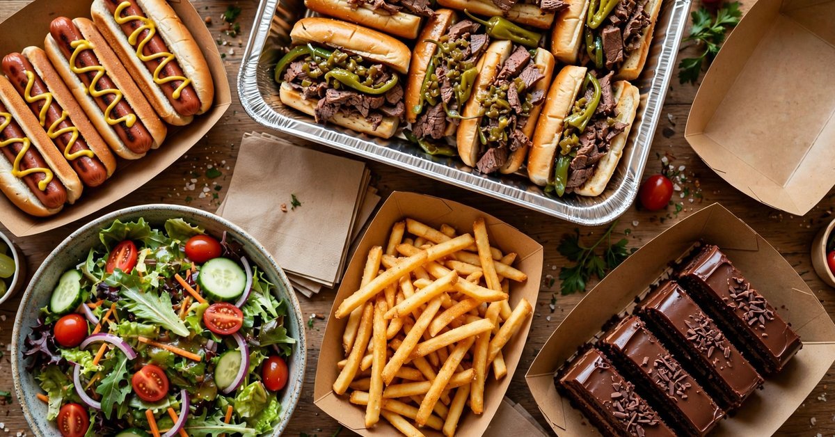 Portillos catering menu spread with Italian beef sandwiches, salads, and chocolate cake on a buffet table