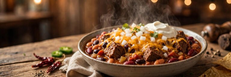 Steaming bowl of portillos chili calories topped with cheese and diced onion