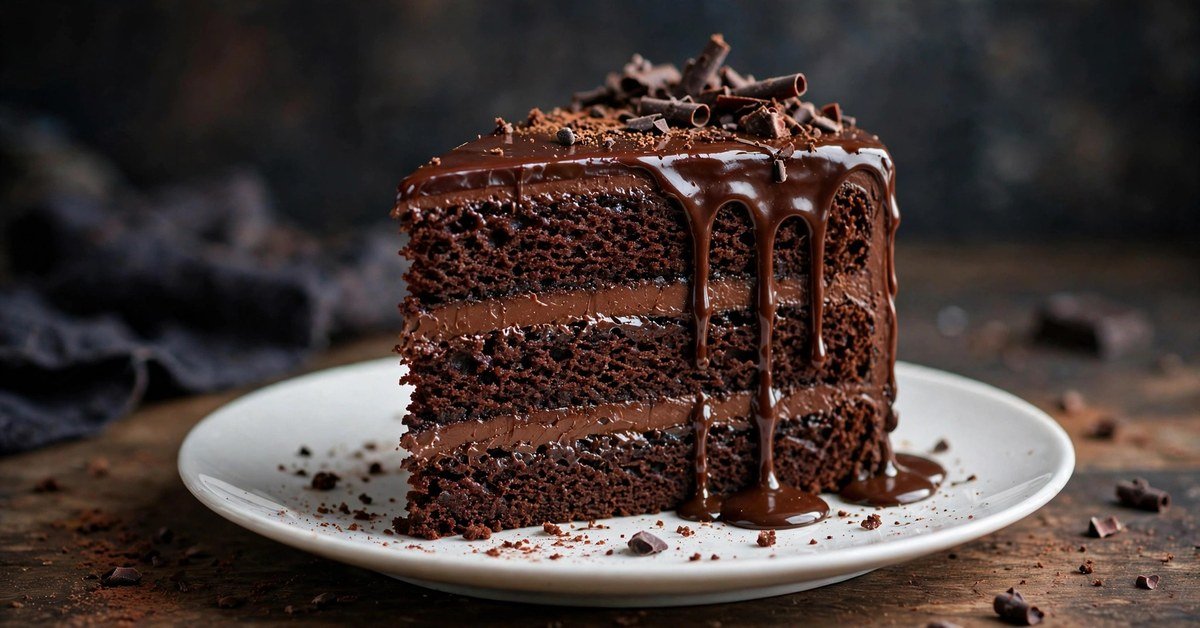 Close-up of a rich chocolate cake slice with glossy chocolate frosting, illustrating portillos chocolate cake calories in this 2026 nutrition guide