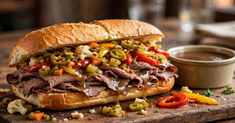 Close-up of a Portillo's style Italian beef sandwich with au jus — portillos italian beef calories nutrition guide 2026