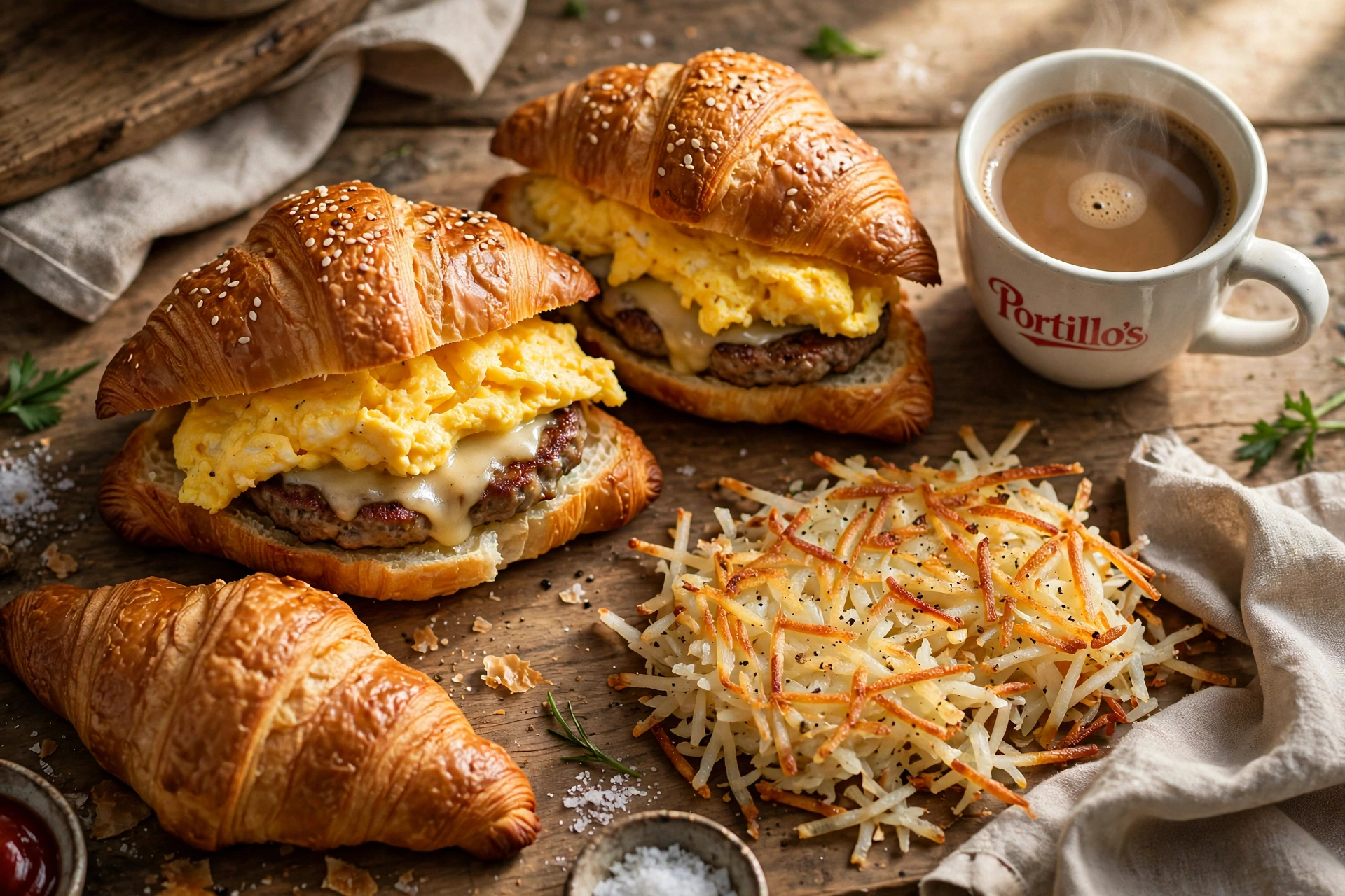 Portillos breakfast menu - breakfast sandwiches, hash browns and coffee