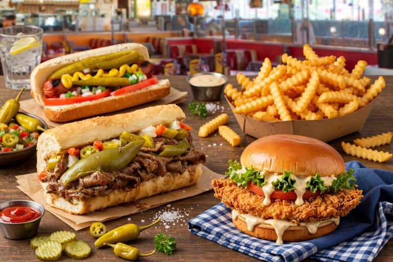 Portillos new menu items 2026 spread with Italian beef sandwich, loaded hot dog, crispy chicken, and fries on a table