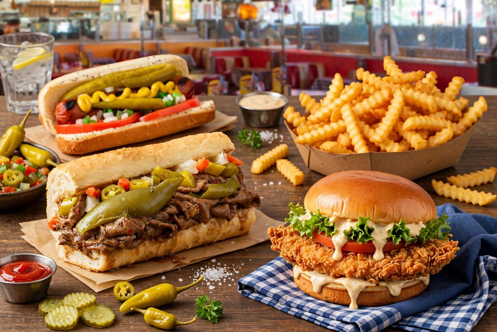 Portillos new menu items 2026 spread with Italian beef sandwich, loaded hot dog, crispy chicken, and fries on a table