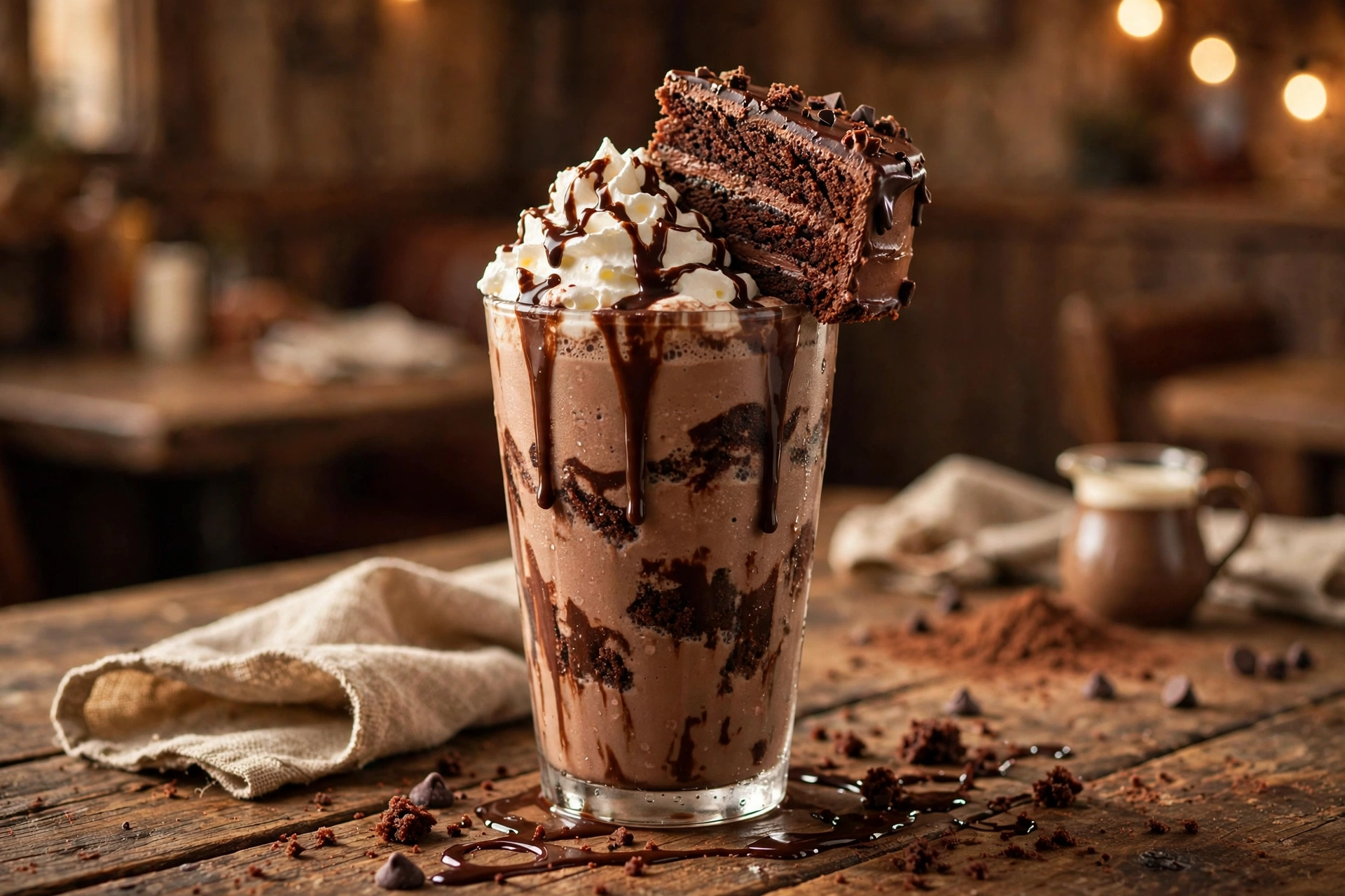 A tall glass of portillos cake shake topped with whipped cream and chocolate cake crumbles