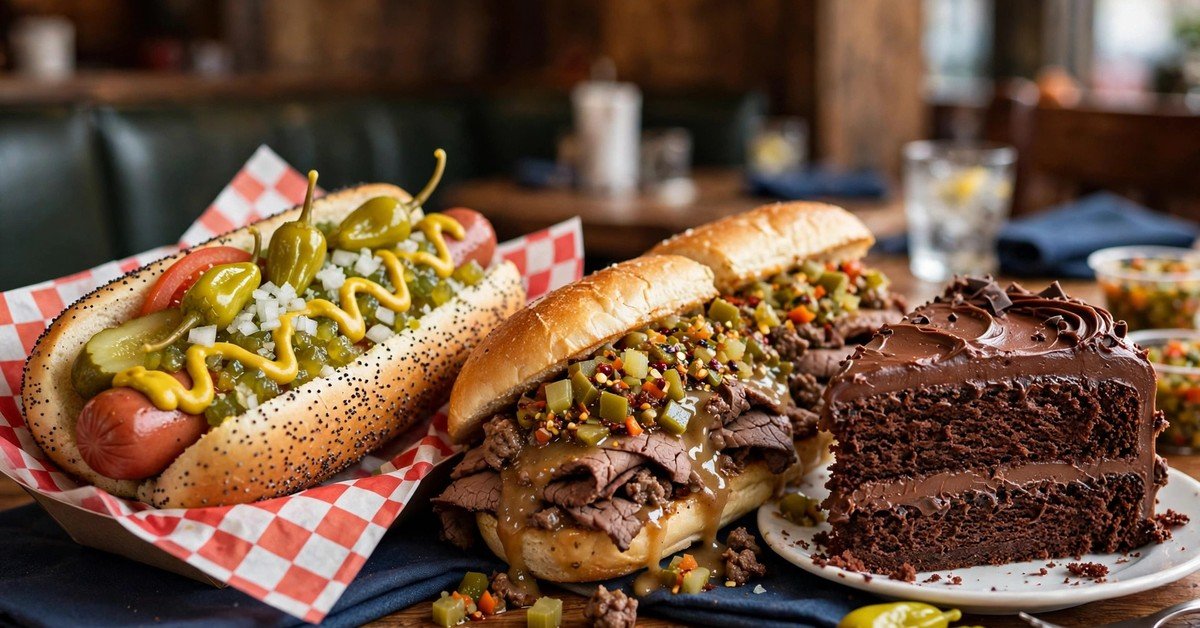 portillos coupons and deals — appetizing spread of Portillo's-style hot dogs, Italian beef sandwich, and chocolate cake slice