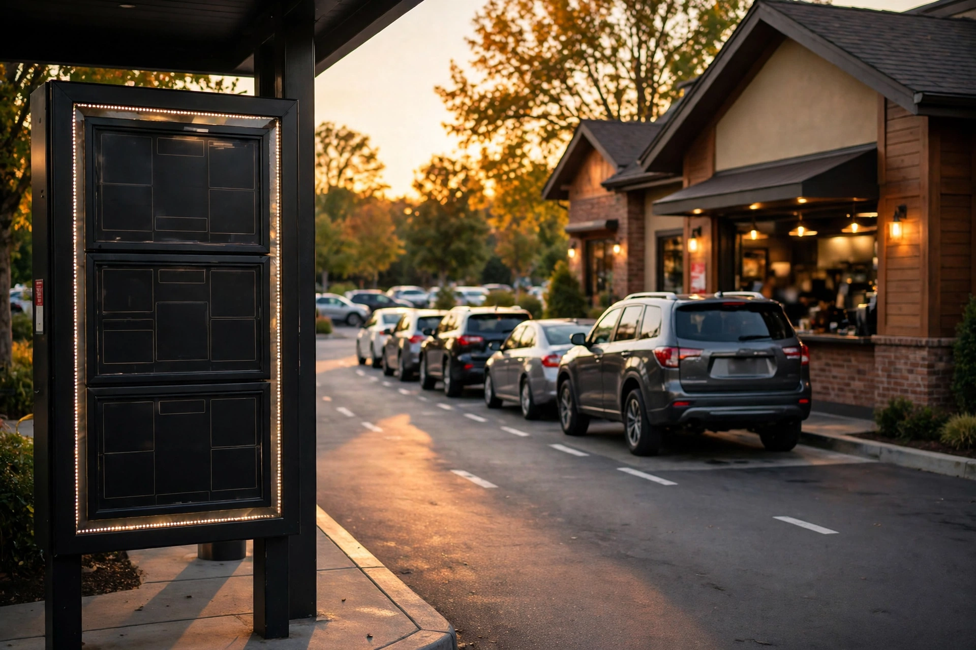 car at the portillos drive thru pickup window at night