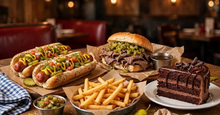 Appetizing Portillo's-style spread of hot dogs, Italian beef and chocolate cake — the perfect feast to enjoy with a portillos gift card