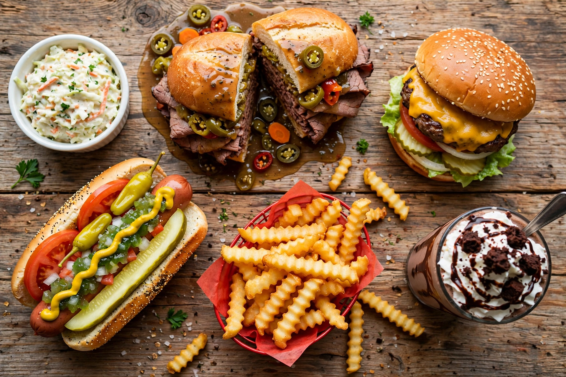 portillos lunch menu spread with Italian beef, hot dogs and fries