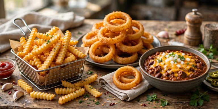 Golden crinkle-cut french fries, crispy onion rings and a bowl of chili from the portillos sides menu