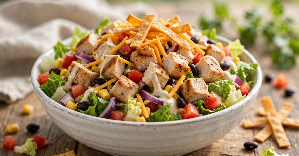 Chopped chicken salad bowl from the portillos salads menu with grilled chicken, romaine, tomatoes, corn, black beans, cheddar and tortilla strips